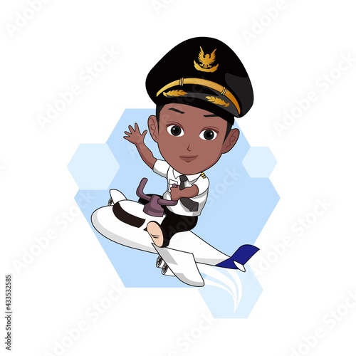 vector illustration of cartoon caricature of a little black boy in pilot uniform flying in an airplane isolated on white background.