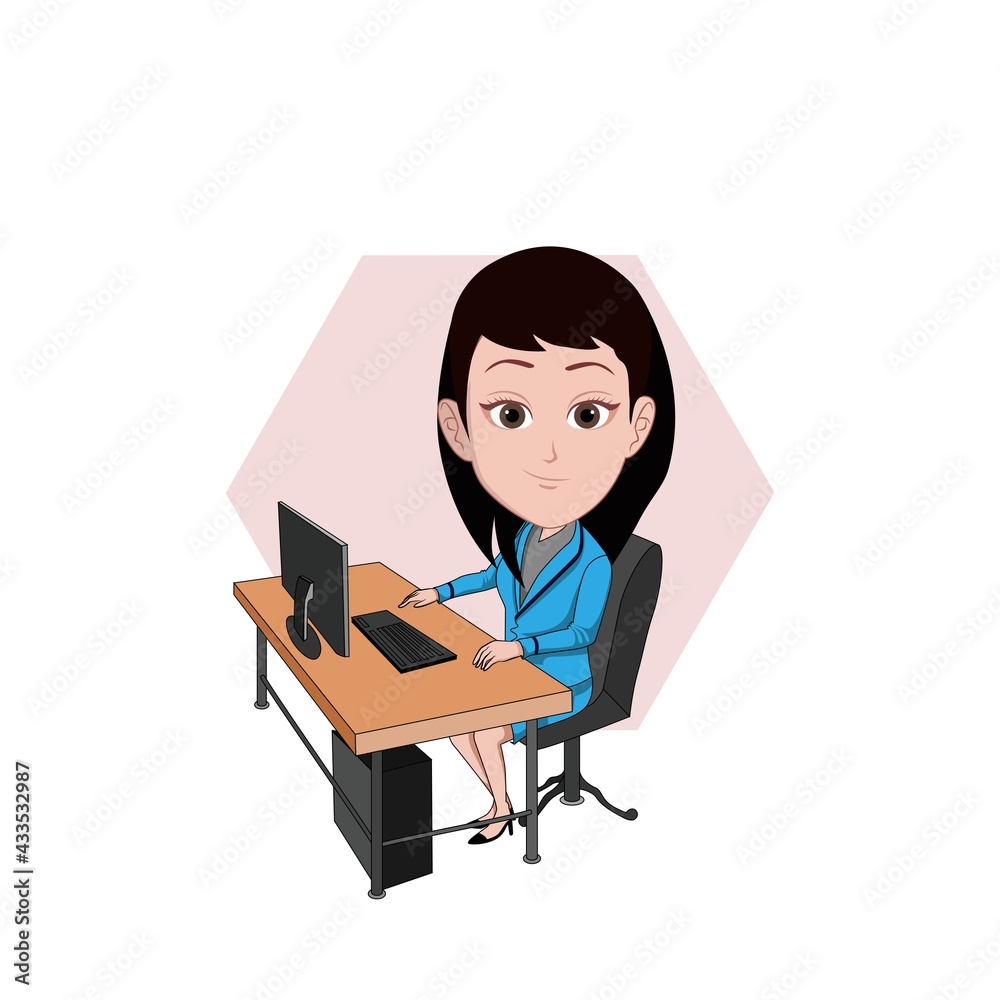vector illustration of cartoon caricature of a woman working office worker  with a desk and computer in front of her, isolated on a white background.  Stock Vector | Adobe Stock