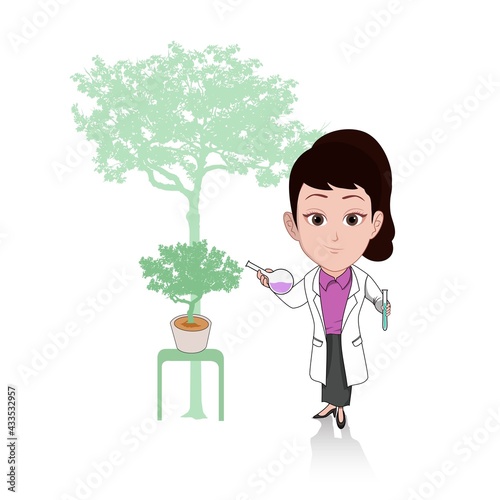 Vector illustration of cartoon caricature of a woman botanist in lab uniform pouring plant growth serum isolated on white background.