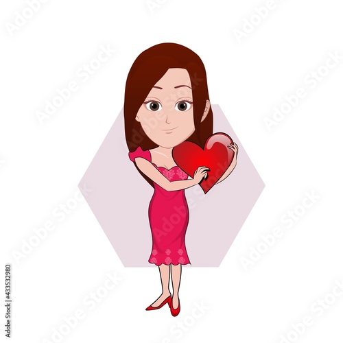 cartoon caricature vector illustration of a woman in red dress carrying a heart shape reflecting love isolated on white background photo