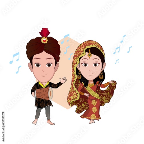 Vector illustration of cartoon caricature of couple dancing men and women in Indian dress isolated on white background.