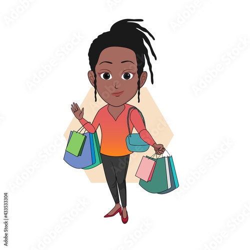 vector illustration of cartoon caricature of a black woman carrying lots of shopping bags with happy face isolated on white background