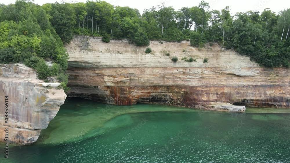 Pictured Rocks Munising Michigan Drone Pan of Cliffs Pictured Rocks Munising Michigan Drone Pan of Cliffs