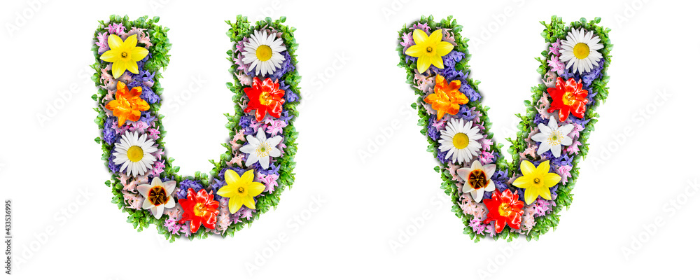 Letters U, V made in the form of a bouquet of flowers