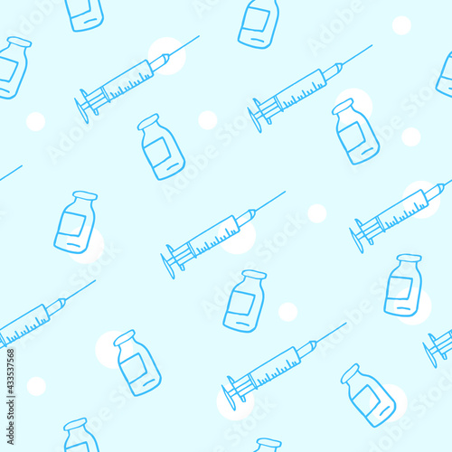 Vaccine, syringe, immunity. Seamless pattern. Vector, line drawing, hand. Conceptual. Virus, care, treatment, medical, drug, pharmacy. Coronavirus, covid, insulin, diabetes
