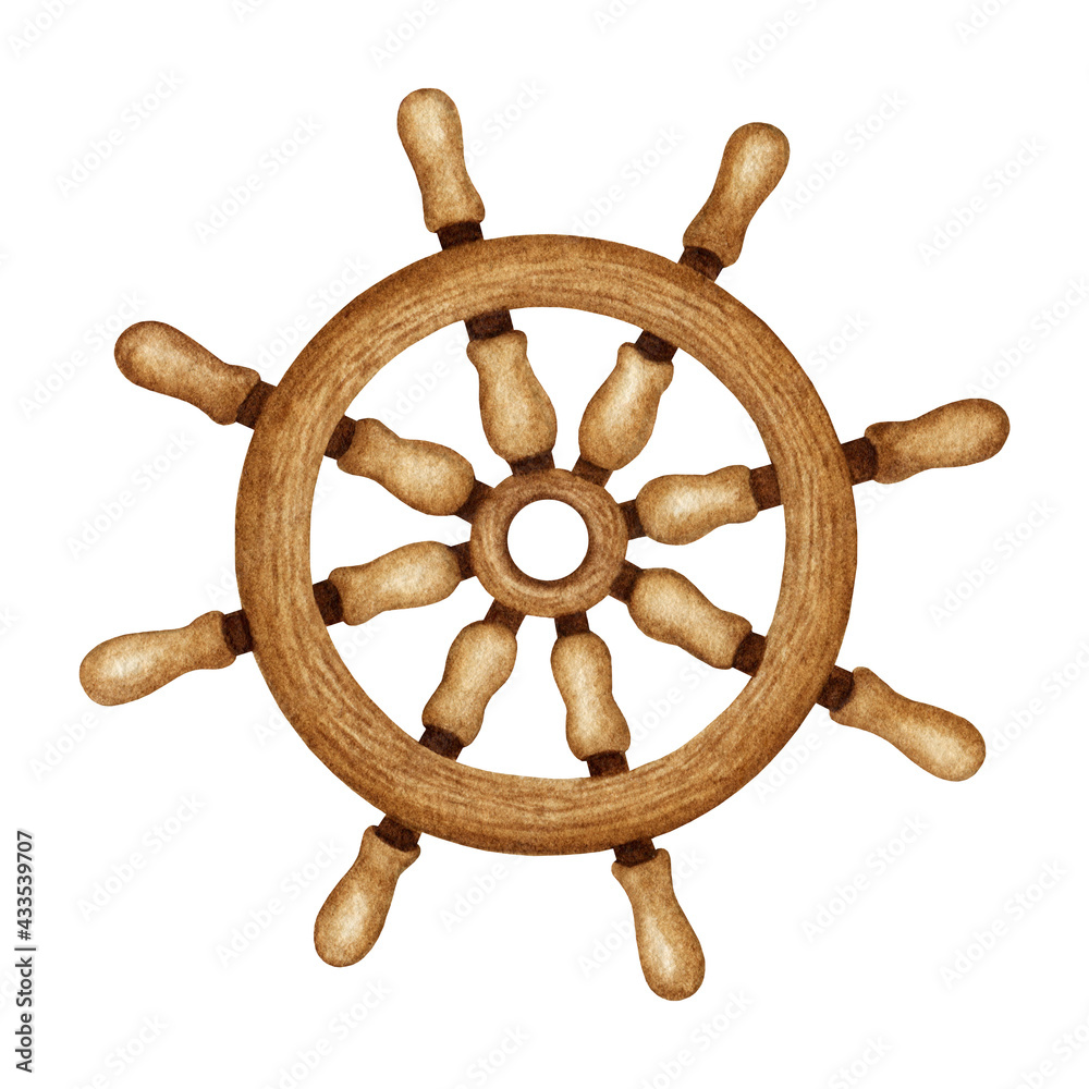 Watercolor Ship Wooden Steering Wheel. Nautical vessel part, vintage  Navigation equipment. Maritime Sea traveling clipart. Hand drawn element isolated for marine print, logo, poster, invitation, card