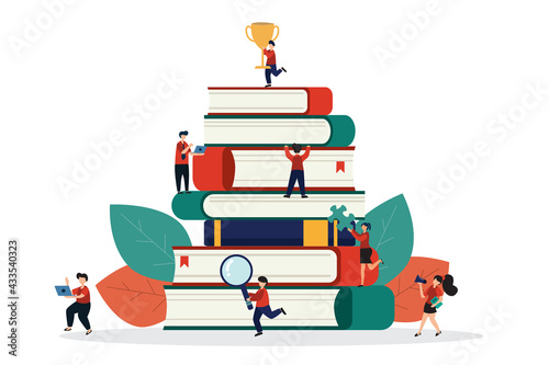 Vector illustration Young boys and girls are trying to climb on a heap of books using digital books and tablet computers to study on the Internet. Lead to success in life