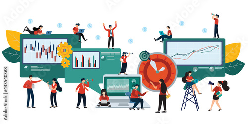 Vector illustration Corporate equity traders are helping to analyze profitability strategies for investing in the stock market. Concept of raising money and financial growth