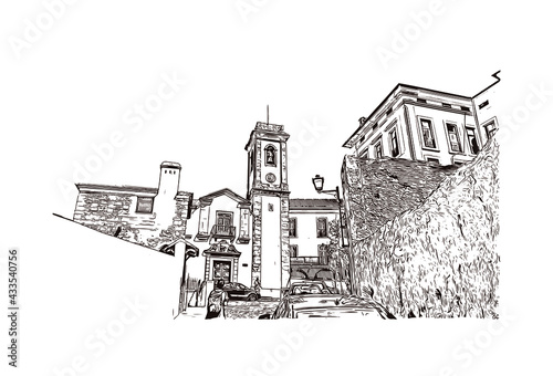 Building view with landmark of Coimbra is the 
city in Portugal. Hand drawn sketch illustration in vector.