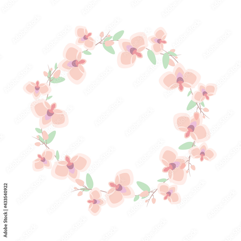 Beautiful wreath of orchids. Elegant floral composition with isolated flowers and buds. Design for invitation, wedding or greeting cards. Vector illustration.