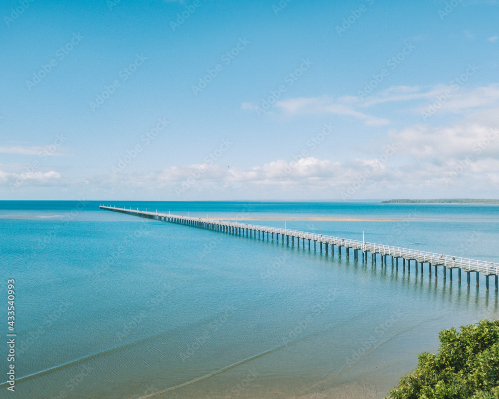 An aerial view of Urangan Pier at Hervey Bay on the Fraser Coast