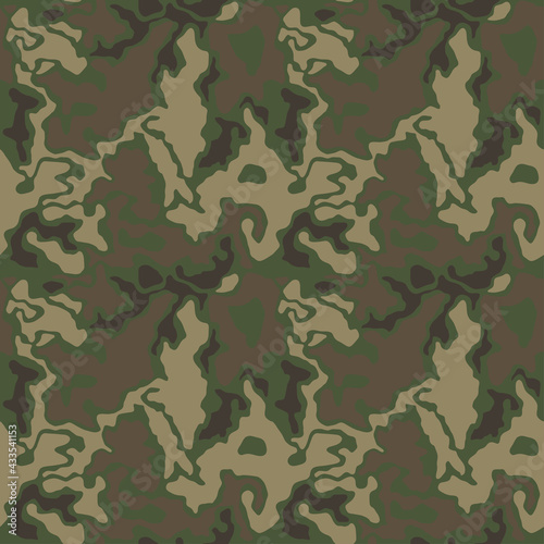 Camouflage pattern background, seamless vector illustration. Classic clothing style masking camo repeat print. Green brown black olive colors forest texture. 