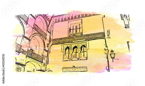 Building view with landmark of Cordoba is the 
city in Spain. Watercolor splash with hand drawn sketch illustration in vector.