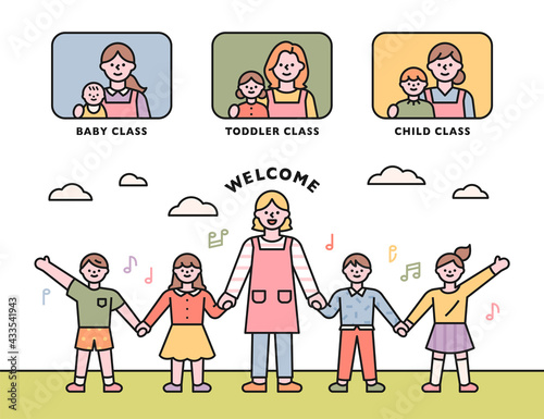 Daycare class. Teacher and children join hands and greet each other. flat design style minimal vector illustration.
