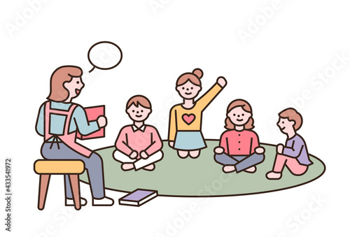 The teacher is teaching and the children are sitting and listening. flat design style minimal vector illustration.