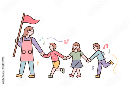 The teacher is walking with the children holding hands. flat design style minimal vector illustration.