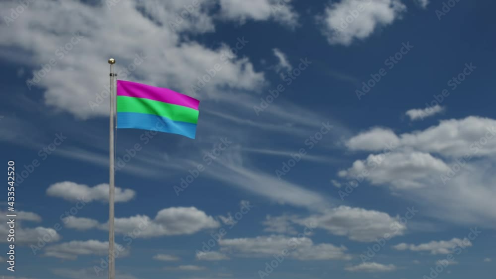 3D Polysexuality flag waving on wind with blue sky clouds. Polysexual banner blowing, soft and smooth silk. Cloth fabric texture ensign background. Use it for pride gay day and events concept.-Dan 3D Polysexuality flag waving on wind with blue sky clouds. Polysexual banner blowing, soft and smooth silk. Cloth fabric texture ensign background. Use it for pride gay day and events concept.-Dan