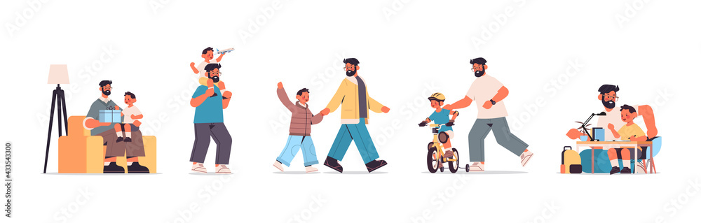 Fototapeta premium set father spending time with little son parenting fatherhood friendly family concept dad having fun with his kid