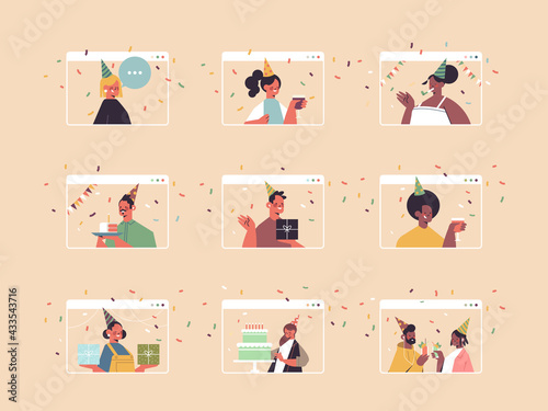 set people in festive hats celebrating online birthday party mix race men women in computer windows