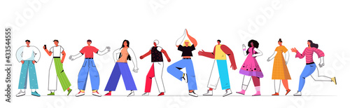 set mix race men women in casual trendy clothes female male cartoon characters collection