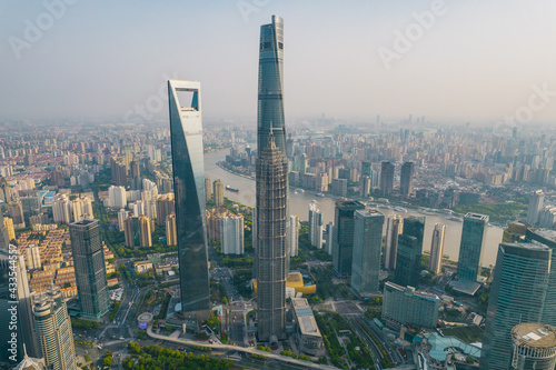 Aerial view of Lujiazui, the financial district in Shanghai, China, on a sunny day. photo