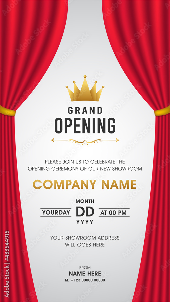 Grand opening Vertical Invitation Card on Grey background with Red