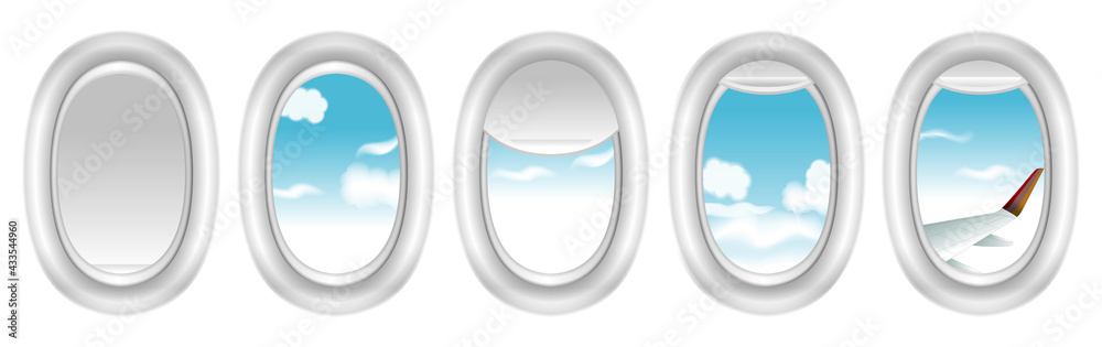 Fototapeta premium set of realistic airplane window or tourist traveller journey or mock up airplane cabin with curtains different positions window. eps vector