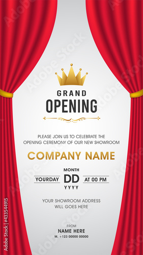Grand opening Vertical Invitation Card on Grey background with Red Curtain and golden Crown photo