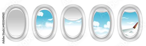 set of realistic airplane window or tourist traveller journey or mock up airplane cabin with curtains different positions window. eps vector