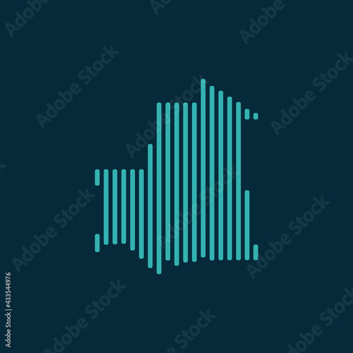 Vector abstract map of Mauritania with blue straight rounded lines isolated on a indigo background.