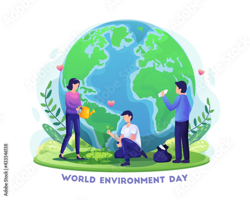 Hand drawn World Environment Day with People are gardening and cleaning the earth. save the planet vector illustration
