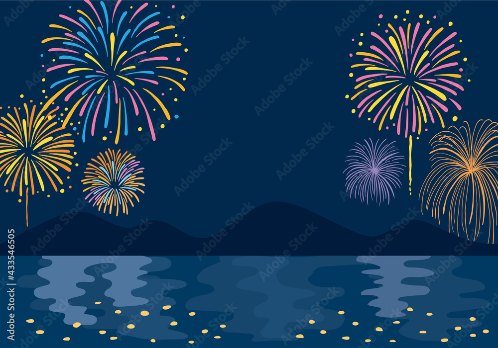 水辺に打ち上がる花火のイラスト Stock Vector Adobe Stock
