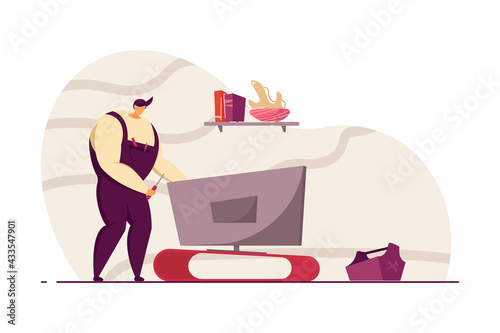 Repairman in uniform fixing TV set at clients house. Professional worker, tools, appliance flat vector illustration. Repair service concept for banner, website design or landing web page