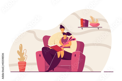 Father reading book to daughter flat vector illustration. Little girl sitting on mans lap, listening to fairytale. Family, reading book concept for banner, website design or landing web page