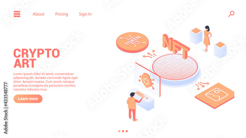 NFT web banner or landig page template. Сreation of a certificate of uniqueness of a digital object.  Modern vector illustration in isometric style. Isolated on white background