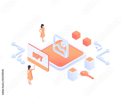 NFT concept. Non-fungible token development and research. Unique cryptographic tokens. Modern vector illustration in isometric style. Isolated on white background