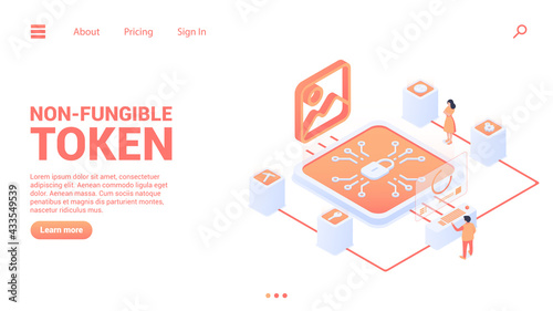 NFT.Unique cryptographic tokens.Web banner or landig page template.  People creating certificate of uniqueness of a digital object.Vector illustration in isometric style. Isolated on white background.