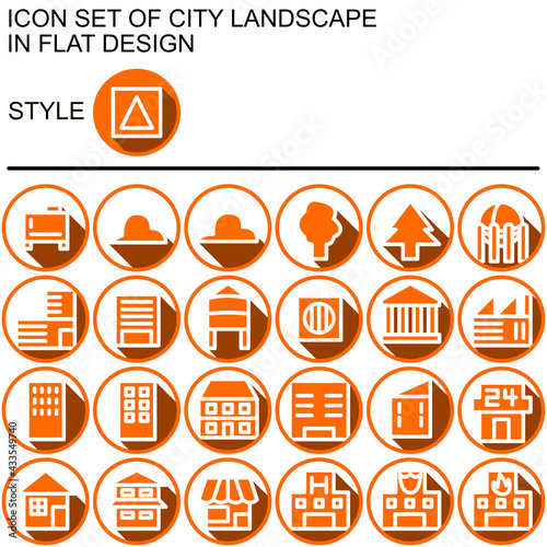 City landscape icon set in flat design with white lines, orange fills, flat shadow on a circle of orange line and white fill background.