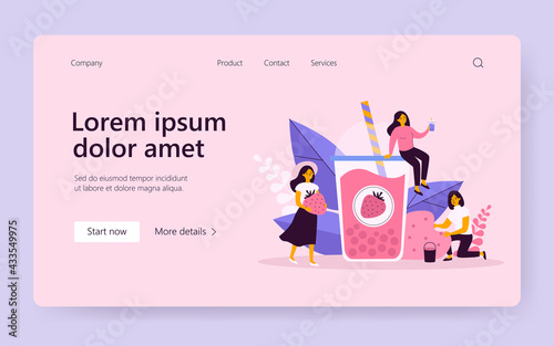 Fruit and berry smoothie production. Woman picking strawberry, holding glass of juice. Flat vector illustration. Summer, cold drink, fresh bar concept for banner, website design or landing web page