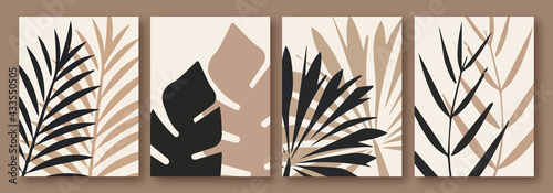 Set of trendy trendy abstract posters, art with plants. Silhouettes of tropical branches and leaves in natural neutral nude colors. Boho style. 