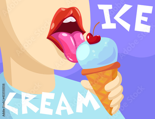 Tongue licking ice cream with cherry on top cartoon illustration. Female character with tinted lips holding cone and eating frozen treat with text. Food, sweet treats concept