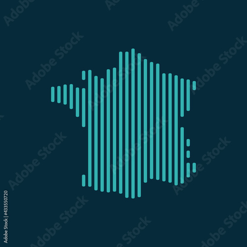 Vector abstract map of France with blue straight rounded lines isolated on a indigo background.