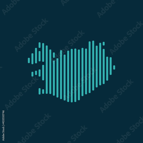 Vector abstract map of Iceland with blue straight rounded lines isolated on a indigo background.