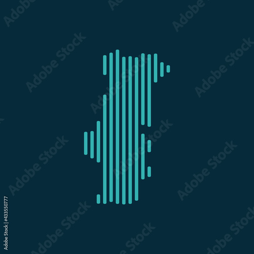 Vector abstract map of Portugal with blue straight rounded lines isolated on a indigo background.