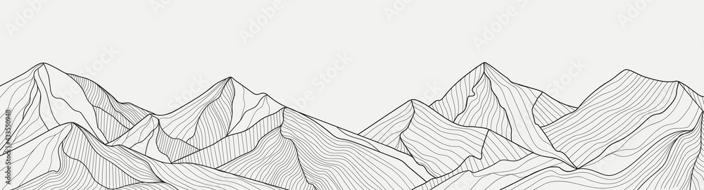 Black and white mountain line arts wallpaper, luxury landscape background design for cover, invitation background, packaging design, fabric, and print. Vector illustration.