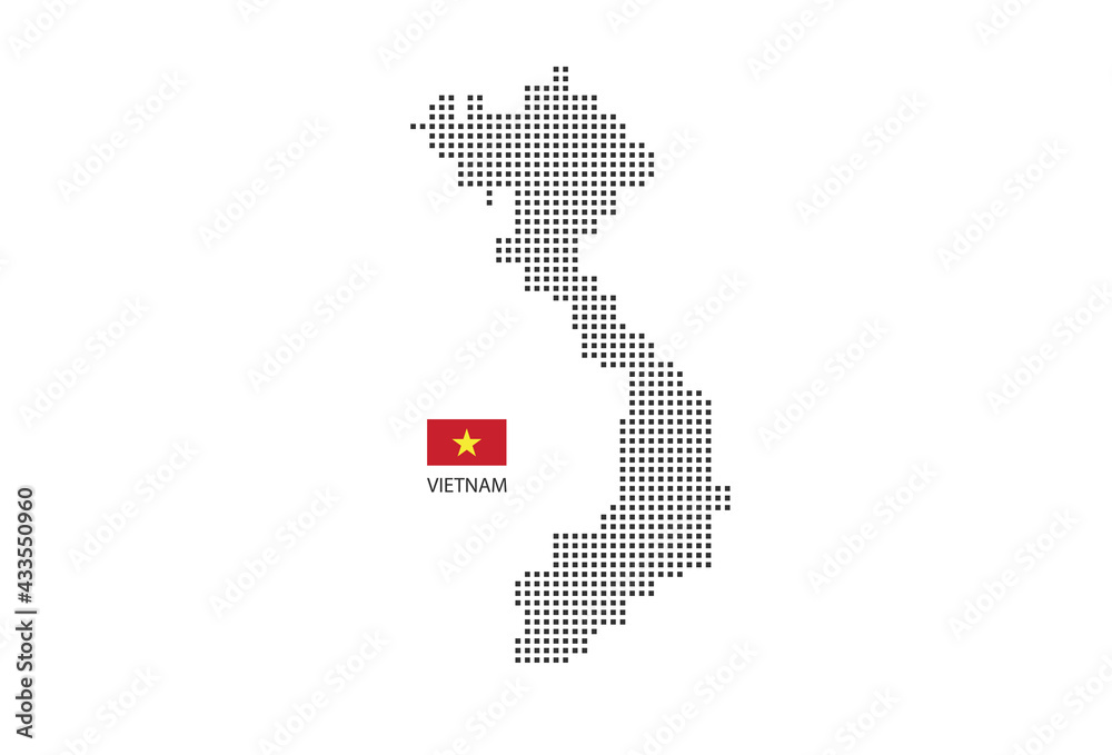 Vector square pixel dotted map of Vietnam isolated on white background with Vietnam flag. Vector square pixel dotted map of Vietnam isolated on white background with Vietnam flag.