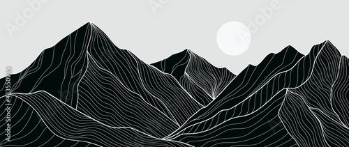 Black and white mountain line arts wallpaper, luxury landscape background design for cover, invitation background, packaging design, fabric, and print. Vector illustration.