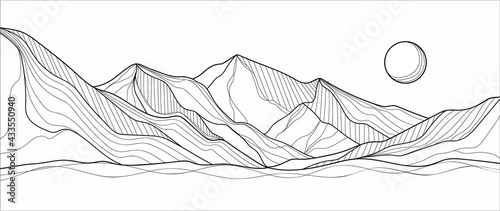 Black and white mountain line arts wallpaper, luxury landscape background design for cover, invitation background, packaging design, fabric, and print. Vector illustration.