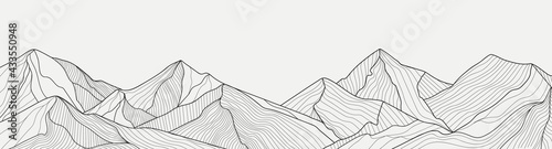 Black and white mountain line arts wallpaper, luxury landscape background design for cover, invitation background, packaging design, fabric, and print. Vector illustration.
