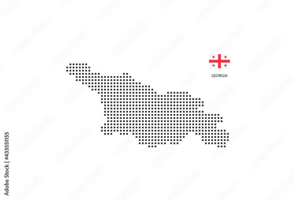 Obraz premium Vector square pixel dotted map of Georgia isolated on white background with Georgia flag.